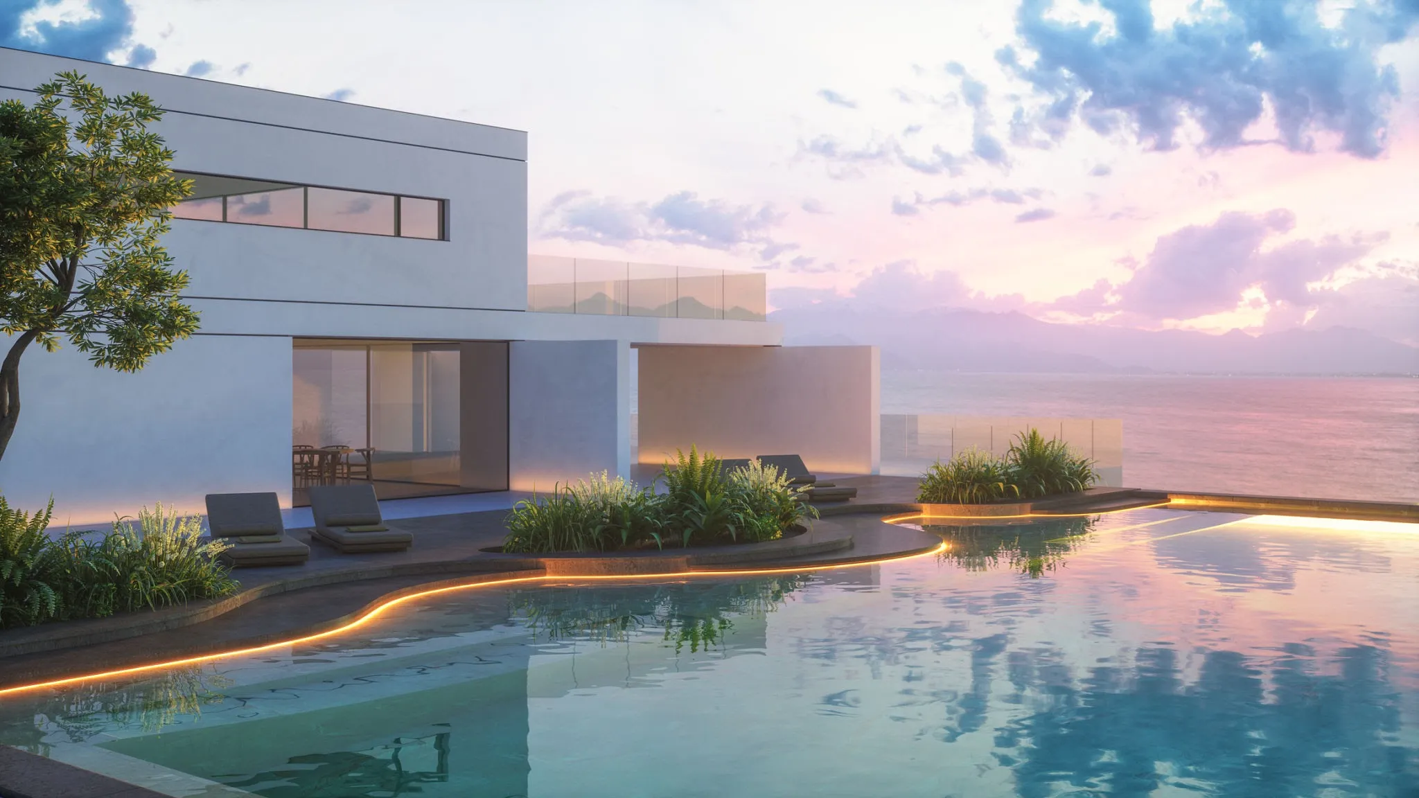 Modern luxury mega villa exterior with infinity pool at sunset in Los Cabos