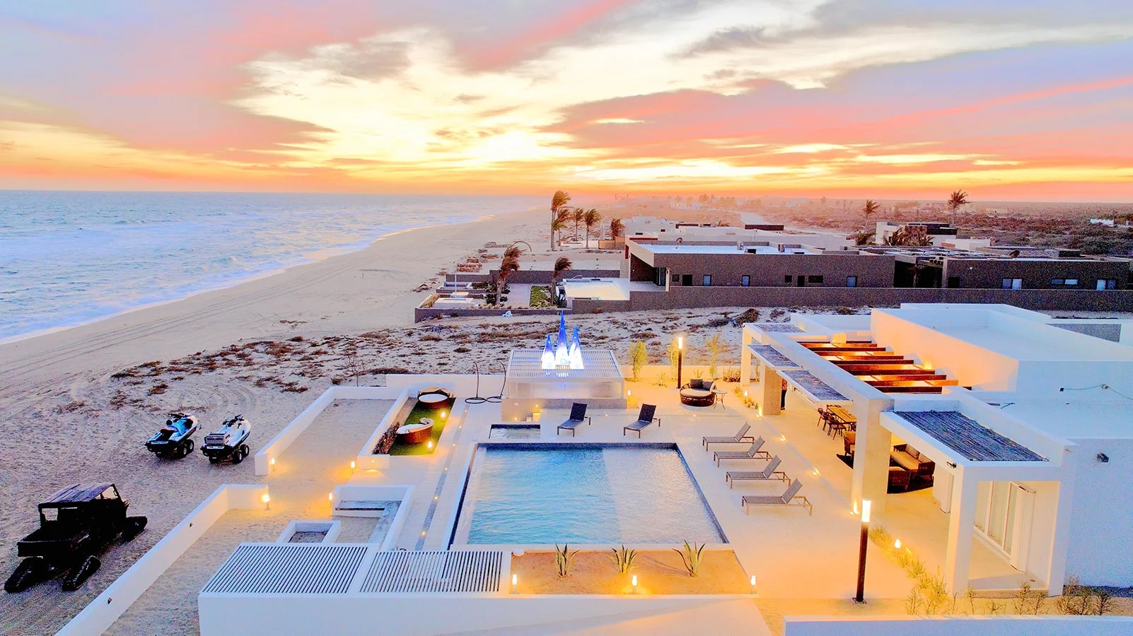 East Cape villa at dusk with illuminated pool, Baja California Sur