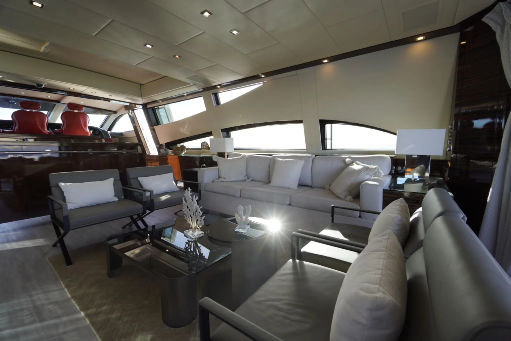 The interior seating area inside 112-FT Leopard is ideal for relaxing after a day of meetings. 