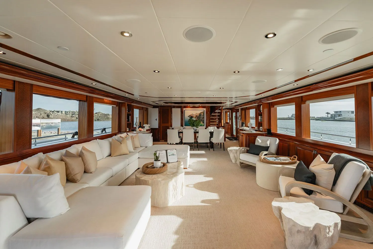 The beautiful interior of 130-FT Westport is perfect for meetings or catching up with colleagues.