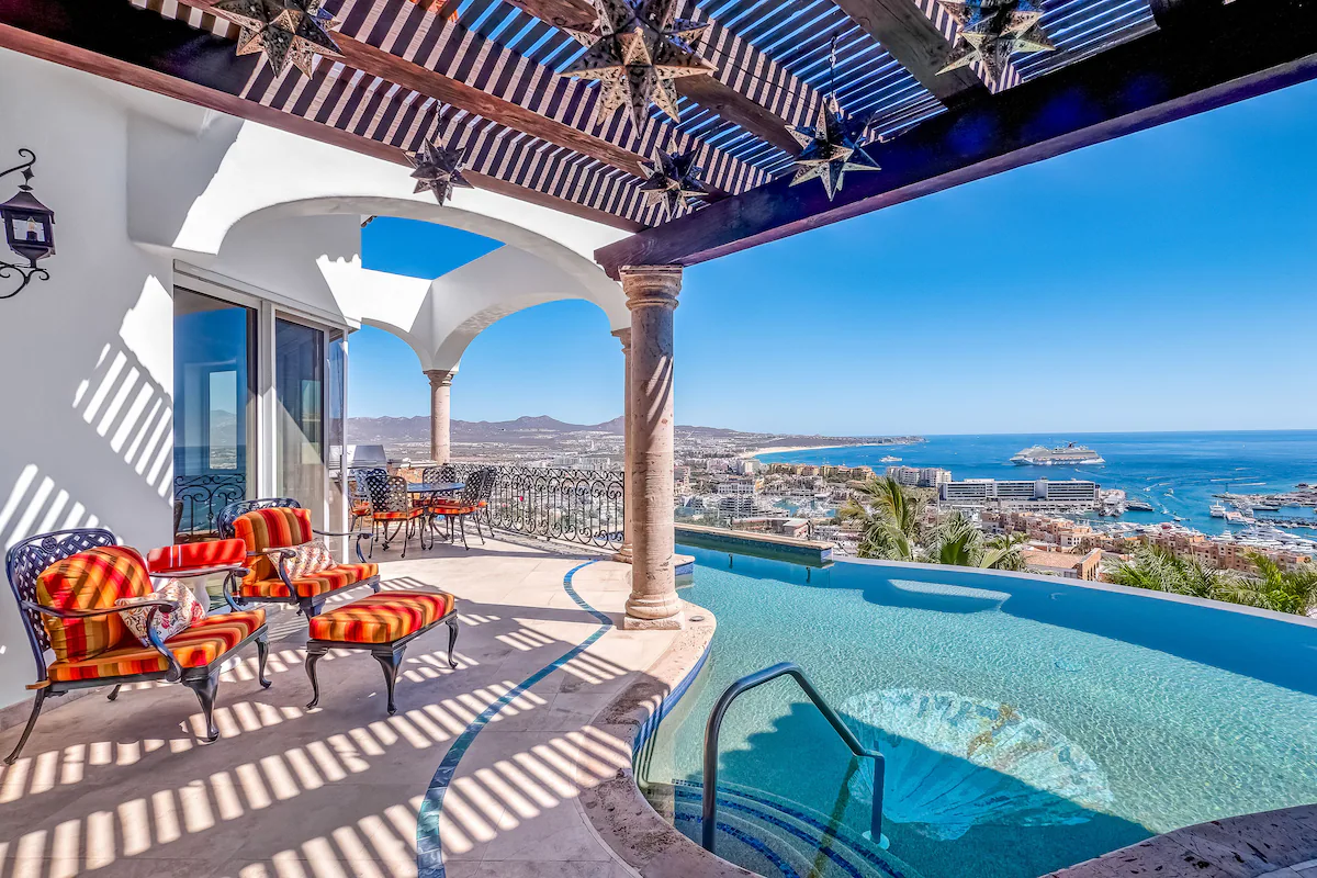 Luxury villa exterior at sunset ready for guest check-in and concierge welcome in Cabo San Lucas