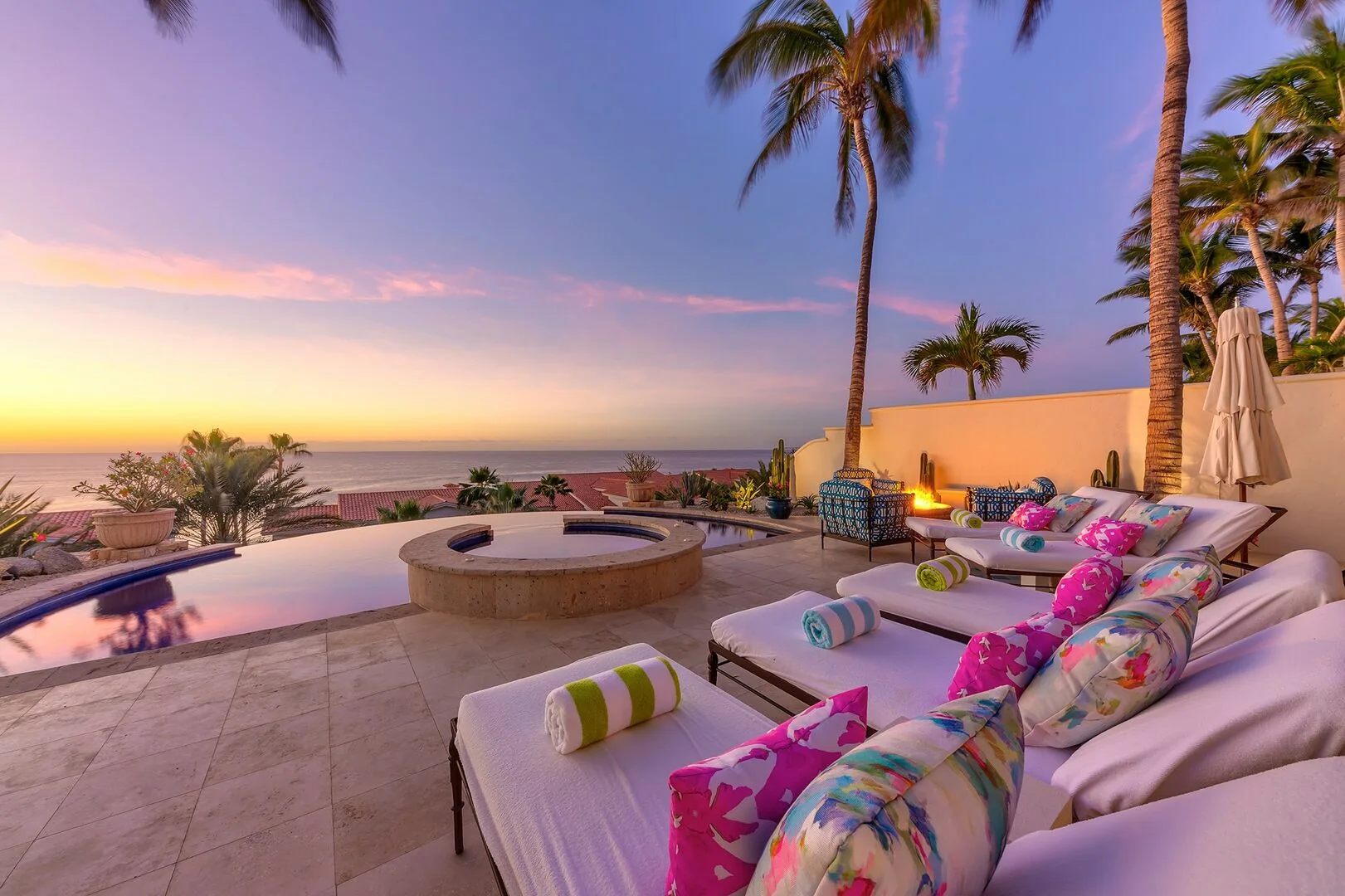 Luxury villa patio at sunset in Cabo San Lucas offering complete privacy