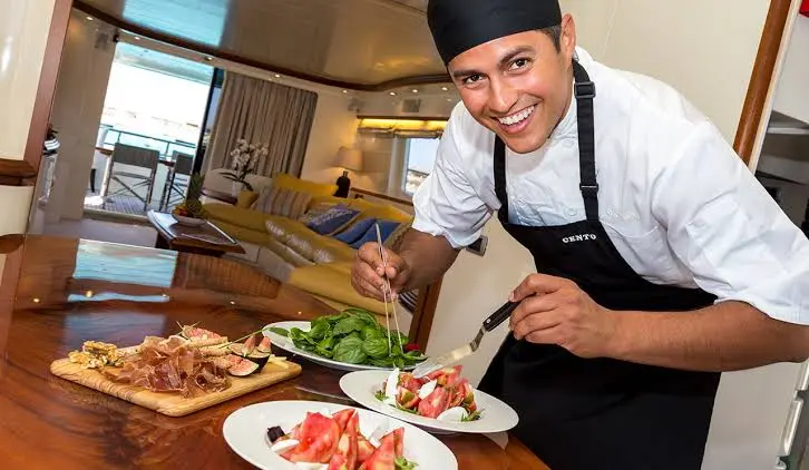Private chef preparing a meal on a yacht in Cabo San Lucas