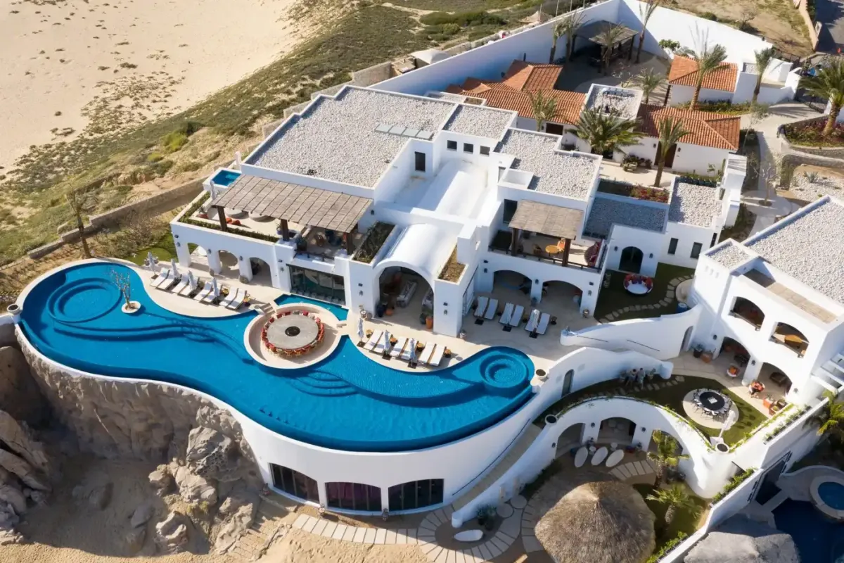 Aerial drone view of oceanfront villa in Pedregal, Los Cabos
